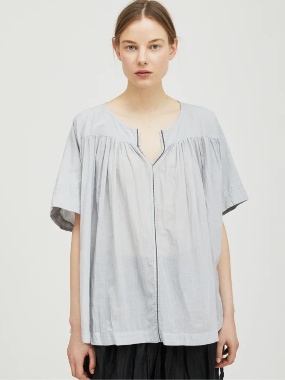 Pas de Calais Japan 100% Cotton Gauze Oversized Tunic Blouse Blue Gray 38